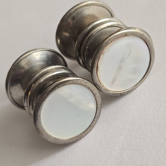 Vintage cuff links silver tone white mother of pearl shell inlay Silver snap - Picture 9 of 10
